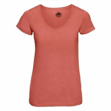 Basic v hals t shirt vintage washed koraal oranje dames