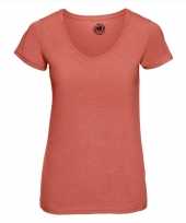 Basic v hals t shirt vintage washed koraal oranje dames