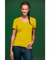 Geel dames stretch t shirt v hals