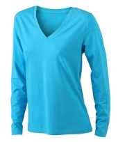 Turquoise dames v hals shirt lange mouw